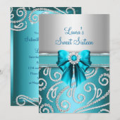 Invitation Annonces Sweet 16 Bleu Bow & Sparkle Diamond (Devant / Derrière)