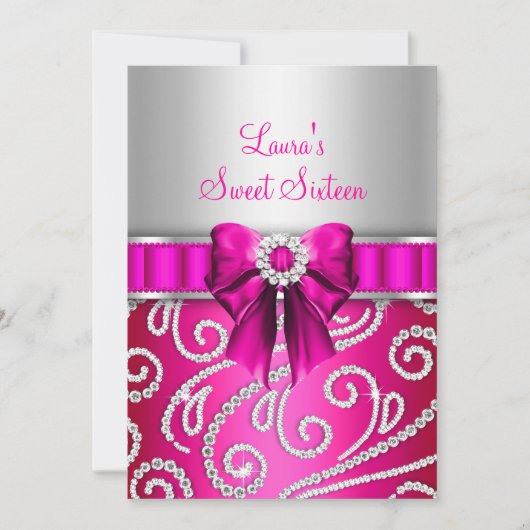 Invitation Annonces Sweet 16 Rose Bow & Sparkle Diamond (Devant)