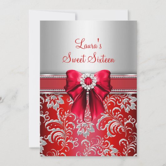 Invitation Annonces Sweet 16 Ruban Rouge & Diamant Étincelant (Devant)