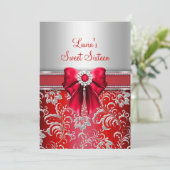 Invitation Annonces Sweet 16 Ruban Rouge & Diamant Étincelant (Debout devant)
