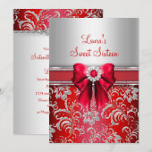 Invitation Annonces Sweet 16 Ruban Rouge & Diamant Étincelant (Devant / Derrière)