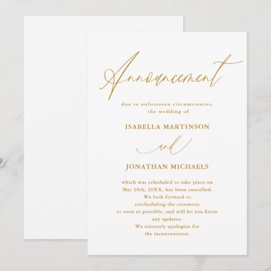Invitation Annulation de mariage à la calligraphie en or faux (Devant / Derrière)