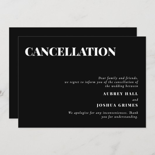 Invitation Annulation du Mariage minimal Black Clean (Devant / Derrière)