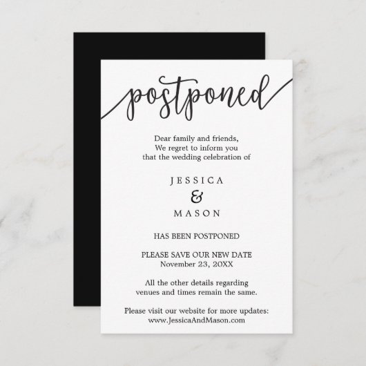 Invitation Annulation Mariage reportée Modifier la date (Devant / Derrière)