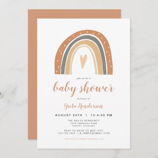 Invitation ANSLEY| Baby shower arc-en-ciel d'Orange brûlé en  (Devant / Derrière)