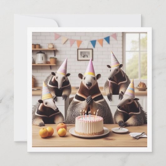 Invitation Anteaters fêtant l'anniversaire avec gâteau et cas (Devant)