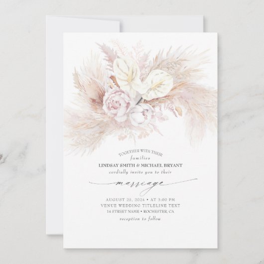 Invitation Anthurium blanc et Pampas Grass mariage élégant (Devant)