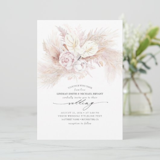 Invitation Anthurium blanc et Pampas Grass mariage élégant (Debout devant)