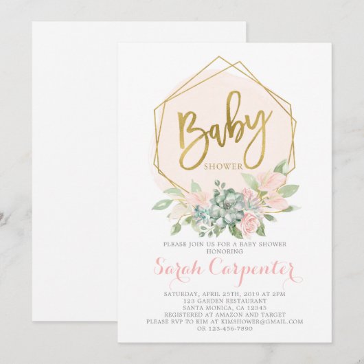 Invitation Anthurium Floral Geometry baby shower girl (Devant / Derrière)