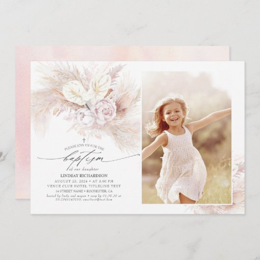 Invitation Anthurium Pampas Grass Floral Baptême Photo (Devant / Derrière)