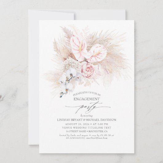 Invitation Anthurium rose et Pampas Partie d'engagement en he (Devant)