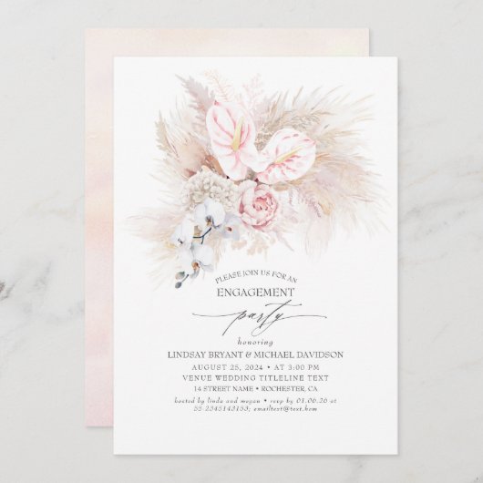 Invitation Anthurium rose et Pampas Partie d'engagement en he (Devant / Derrière)