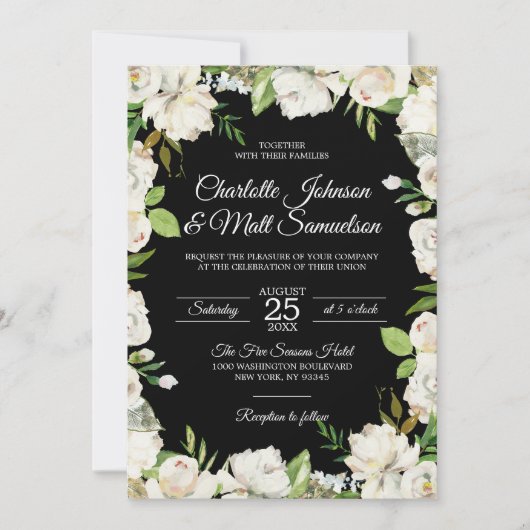 Invitation Antique Aquarelle Blanc Noir Floral Mariage (Devant)