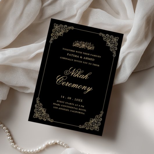 Invitation Antique Baroque Or Script Mariage Nikah Noir Cérém