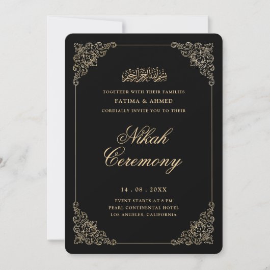 Invitation Antique Baroque Or Script Mariage Nikah Noir Cérém (Devant)
