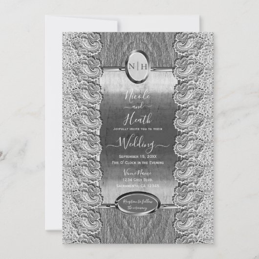 Invitation Antique Blanc dentelle gris bois Mariage d'argent (Devant)