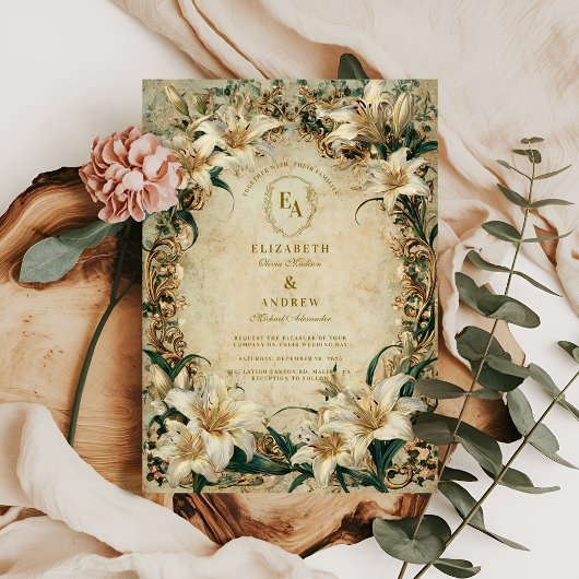 Invitation Antique cadre Floral Ivory Lily Mariage