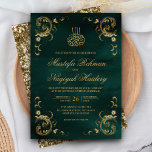 Invitation Antique cadre or Emerald Green Mariage islamique<br><div class="desc">Éblouissez vos invités avec cette invitation de mariage de style islamique avec un cadre vintage délicat et "Bismillah" en calligraphie arabe. Ajoutez simplement les détails de votre événement sur ce modèle facile à utiliser pour en faire une invitation unique.</div>