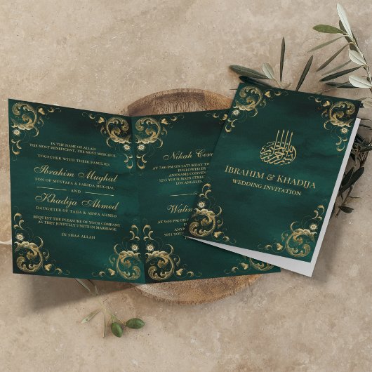 Invitation Antique cadre or Emerald Green Mariage islamique