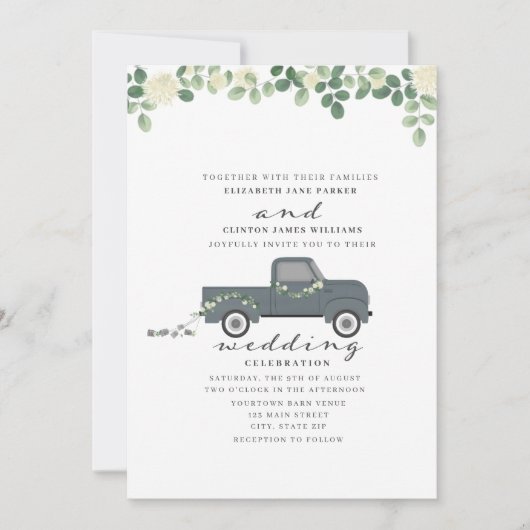 Invitation Antique Camion Bleu Avec Mariage À Canettes (Devant)