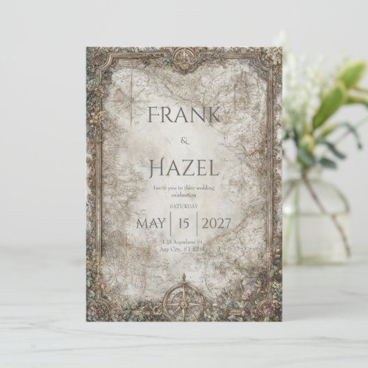 Invitation Antique Compass Enchanted Forest Mariage (Debout devant)