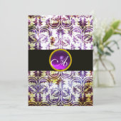 Invitation ANTIQUE DAMASK MONOGRAM, noir blanc violet, argent (Debout devant)