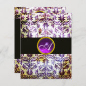 Invitation ANTIQUE DAMASK MONOGRAM, noir blanc violet, argent (Devant / Derrière)