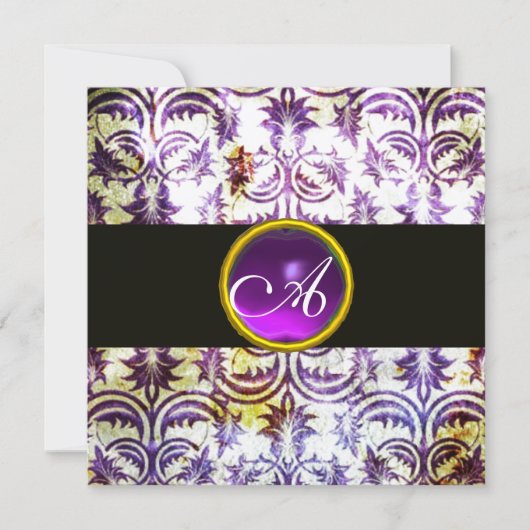 Invitation ANTIQUE DAMASK MONOGRAM, noir blanc violet, argent (Devant)