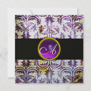 Invitation ANTIQUE DAMASK MONOGRAM, noir blanc violet, argent