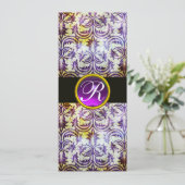 Invitation ANTIQUE DAMASK MONOGRAM, noir blanc violet, or (Debout devant)