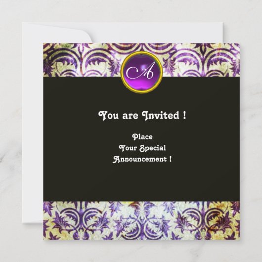 Invitation ANTIQUE DAMASK MONOGRAS, blanc violet, noir (Dos)