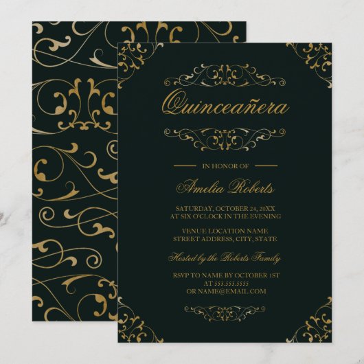 Invitation Antique Emerald Gold Flourish Quinceanera Invitati (Devant / Derrière)