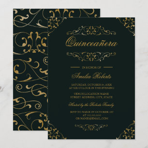Invitation Antique Emerald Gold Flourish Quinceanera Invitati
