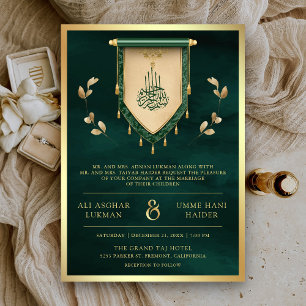 Invitation Antique Emerald Green Gold Scroll Mariage musulman