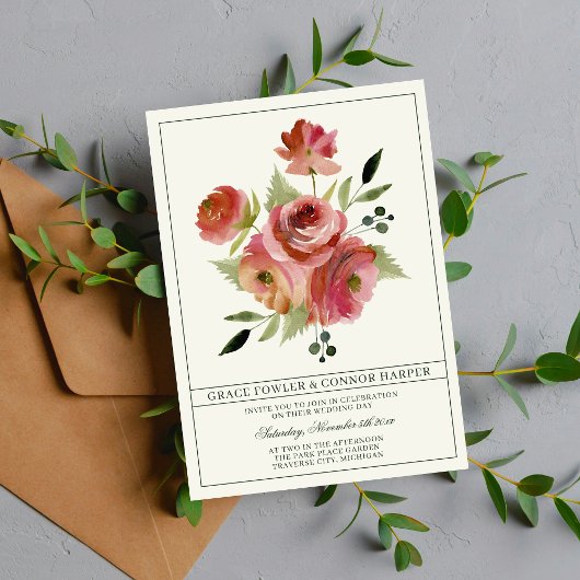 Invitation Antique Floral rose À feuillage persistant Bouquet
