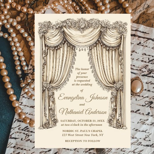 Invitation Antique Gilded Age Ivory Timeless Curtains Wedding