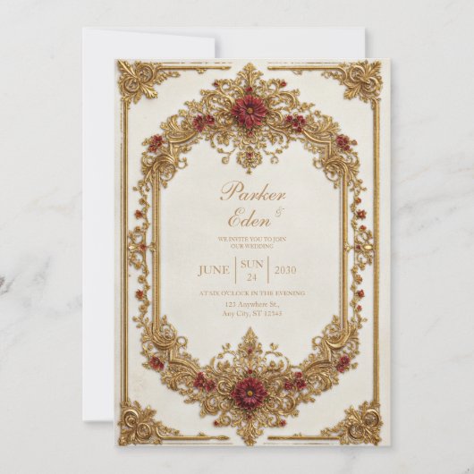 Invitation Antique Gilded Burgundy Floral Formal Wedding (Devant)