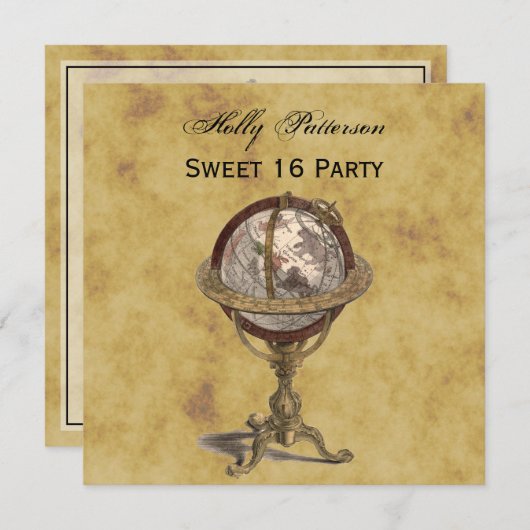 Invitation Antique Globe, Distressed BG SQ Sweet 16 (Devant / Derrière)