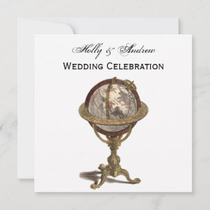 Invitation Antique Globe, White BG SQ Mariage