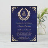 Invitation Antique Gold Crest Royal Blue Musulman Mariage (Debout devant)