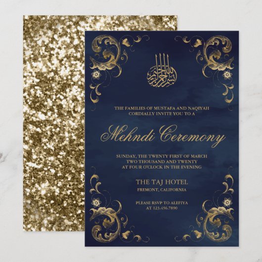 Invitation Antique Gold Frame Marine Bleu Islam Mehndi (Devant / Derrière)