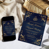 Invitation Antique Gold Frame Marine Bleu Mariage islamique