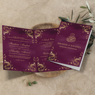 Invitation Antique Gold Frame Plum Purple Mariage islamique