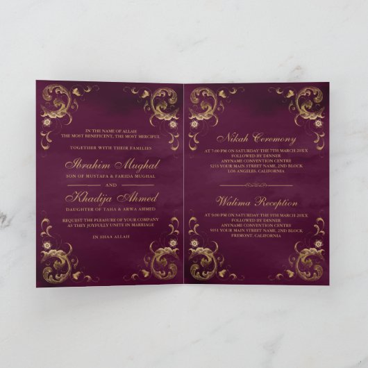 Invitation Antique Gold Frame Plum Purple Mariage islamique (Intérieur)