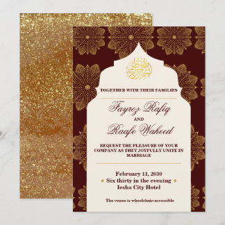 Invitation Antique Gold Mandalas Burgundy Red Islamic Wedding
