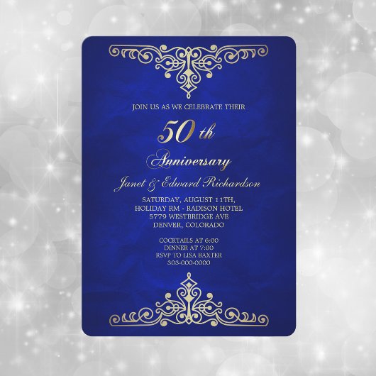 Invitation Antique Gold Victorian Blue Golden Anniversaire
