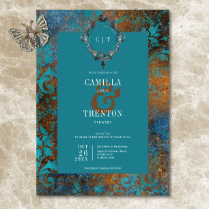 Invitation Antique gothique Turquoise or Mariage damassé