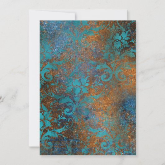 Invitation Antique gothique Turquoise or Mariage damassé (Dos)