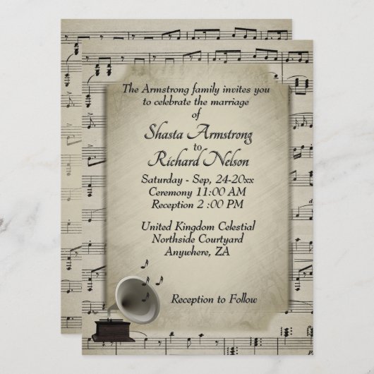 Invitation Antique Gramophone Musique Mariage Thème Invitatio (Devant / Derrière)