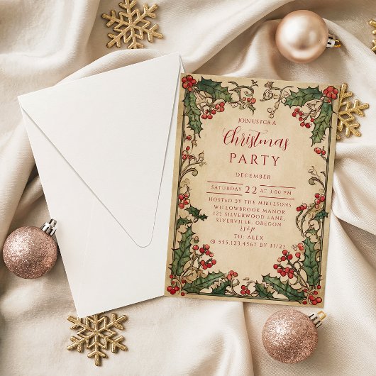 Invitation Antique Holly Berry Christmas